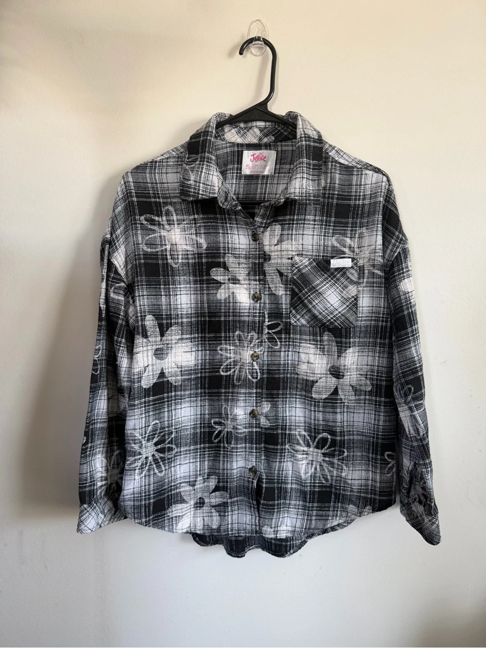 Justice Black & White Floral Plaid Button-Down Shirt